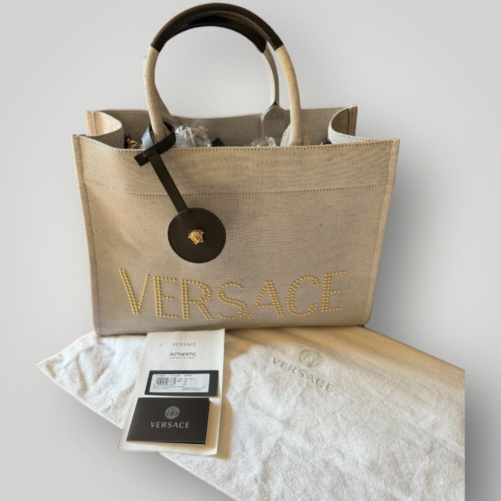 Authentic Versace La Medusa Studded Logo Tote Bag | Large